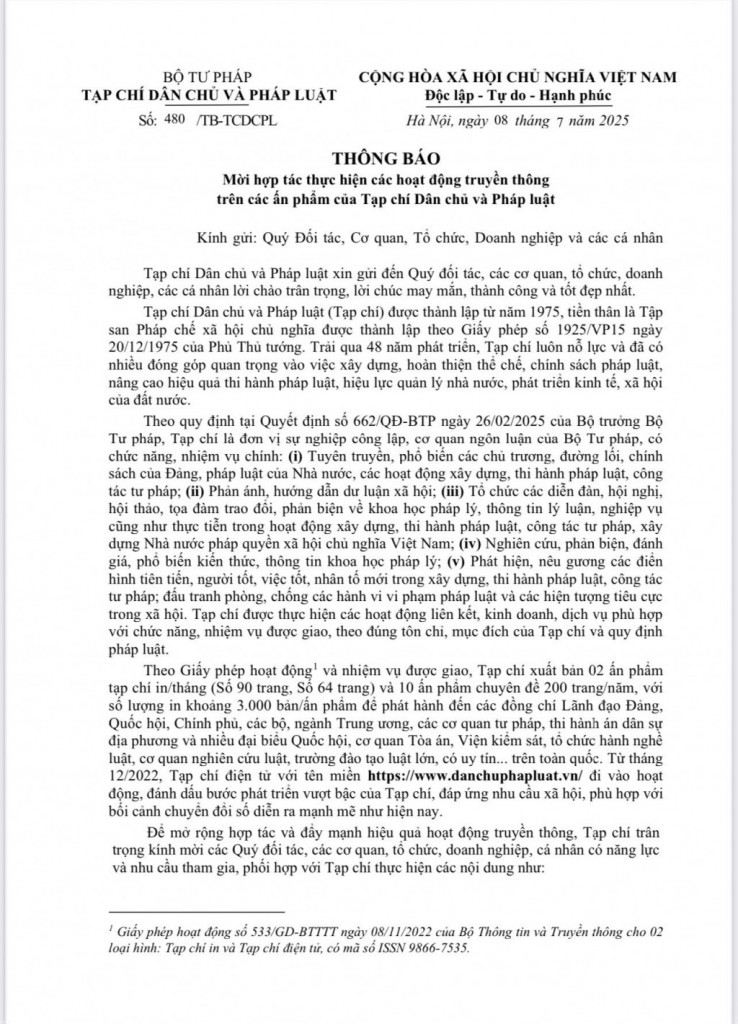 Thông báo mời hợp tác thực hiện các hoạt động truyền thông trên các ấn phẩm của Tạp chí Dân chủ và Pháp luật