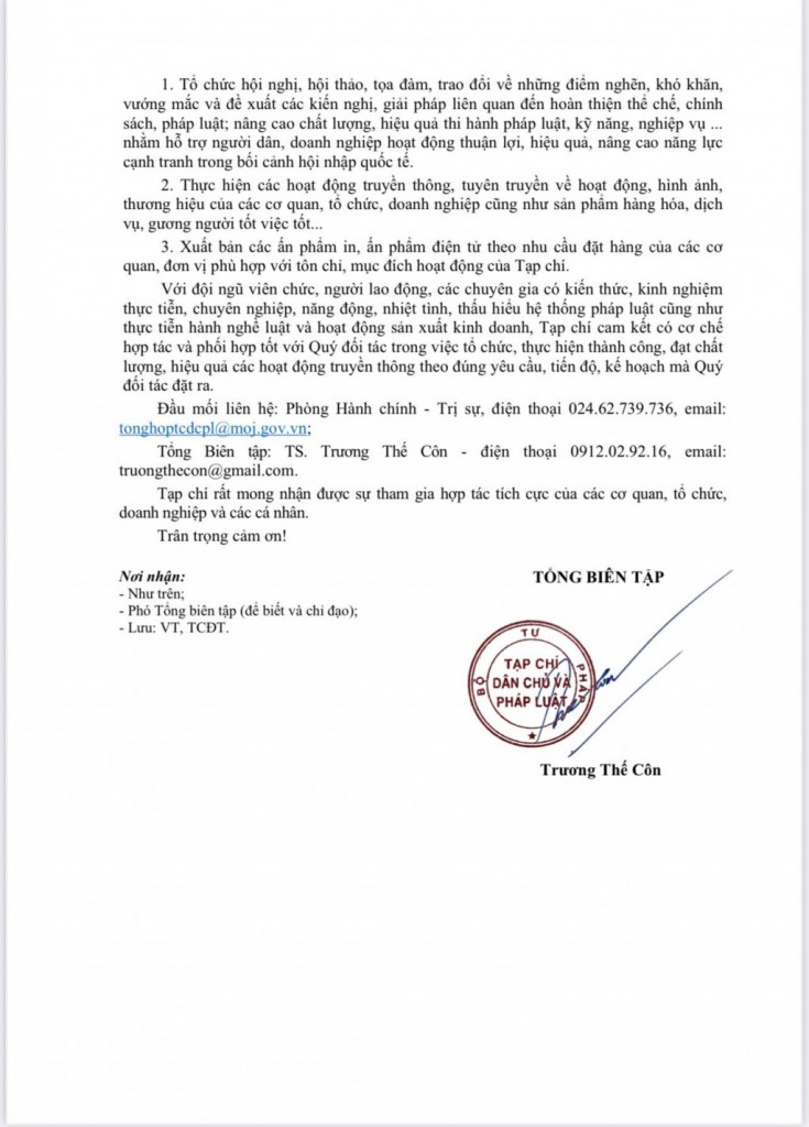 Thông báo mời hợp tác thực hiện các hoạt động truyền thông trên các ấn phẩm của Tạp chí Dân chủ và Pháp luật