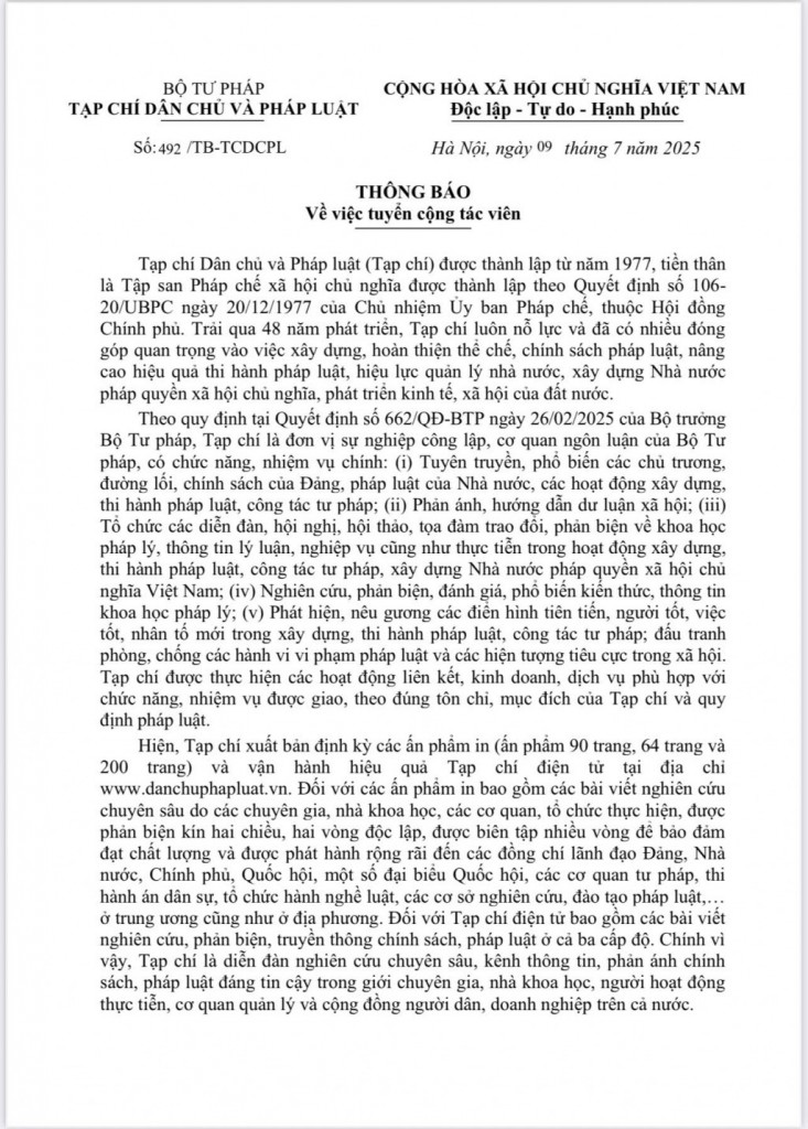 Thông báo về việc tuyển cộng tác viên