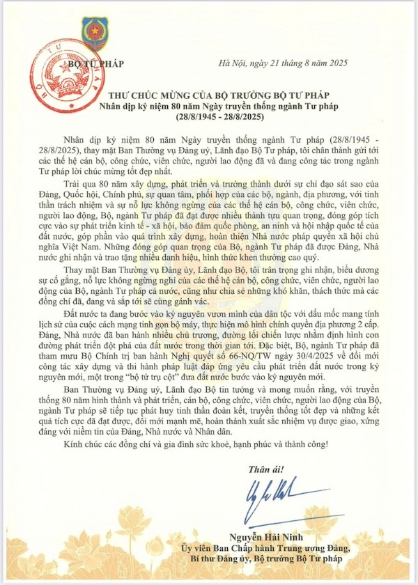 Thư chúc mừng của Bộ trưởng Bộ Tư pháp nhân kỷ niệm 80 năm Ngày truyền thống ngành Tư pháp Việt Nam