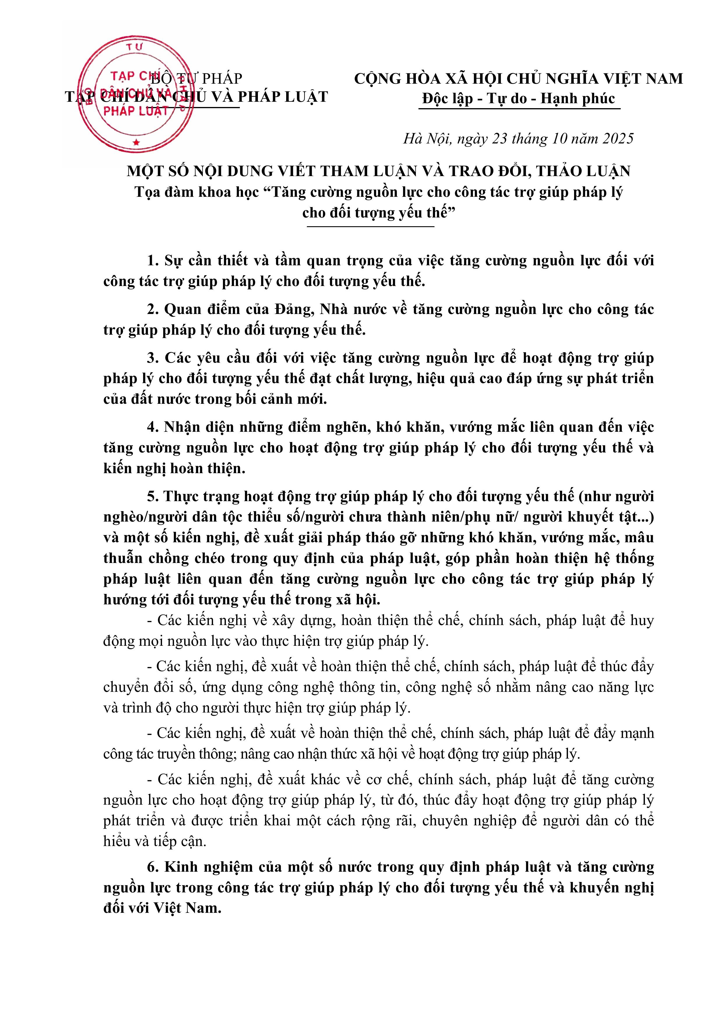 Thông báo về việc tổ chức Tọa đàm khoa học “Tăng cường nguồn lực cho công tác trợ giúp pháp lý cho đối tượng yếu thế”