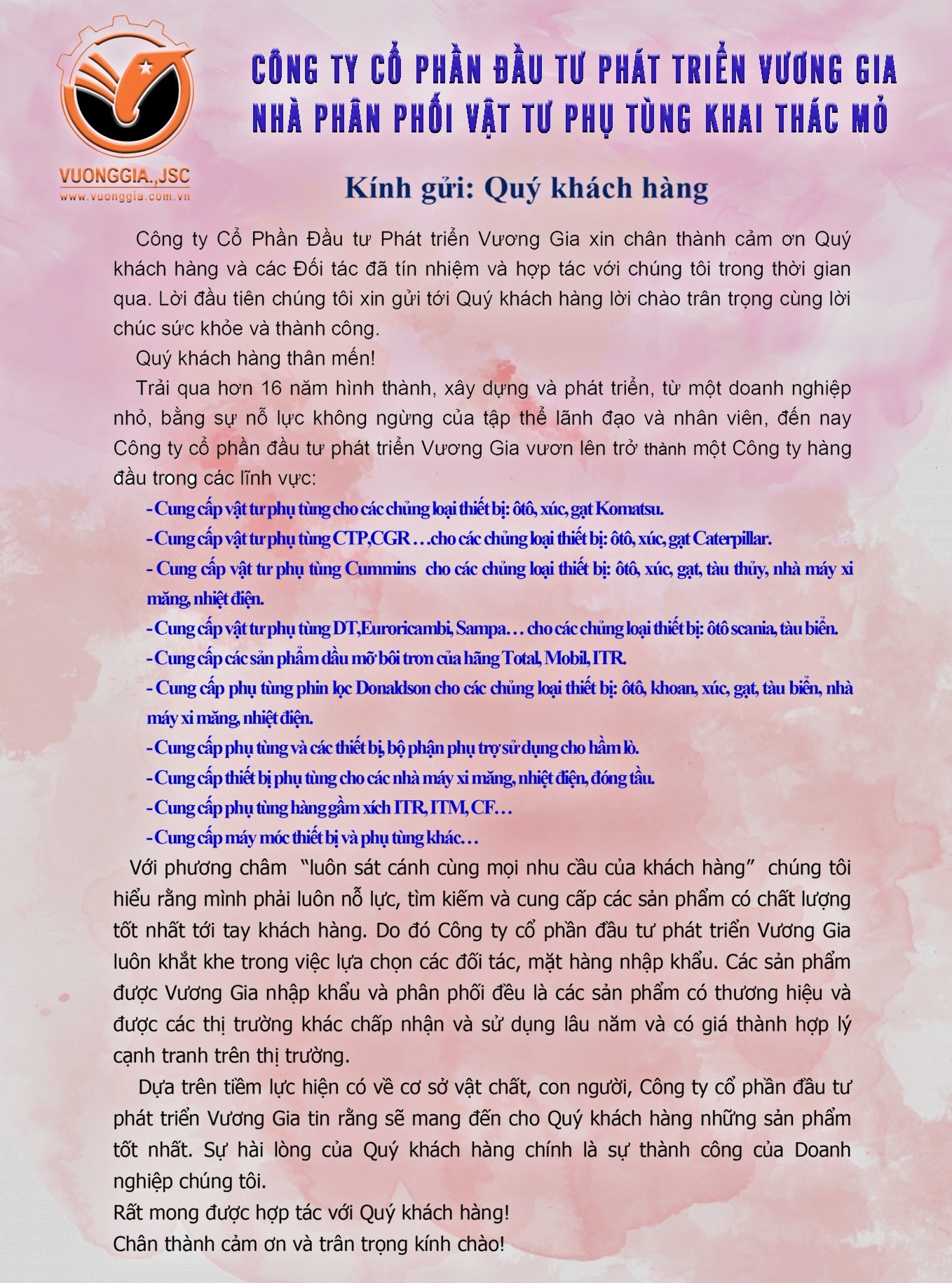 Công ty Cổ phần Đầu tư Phát triển Vương Gia - Nhà Phân phối vật tư phụ tùng khai thác mỏ