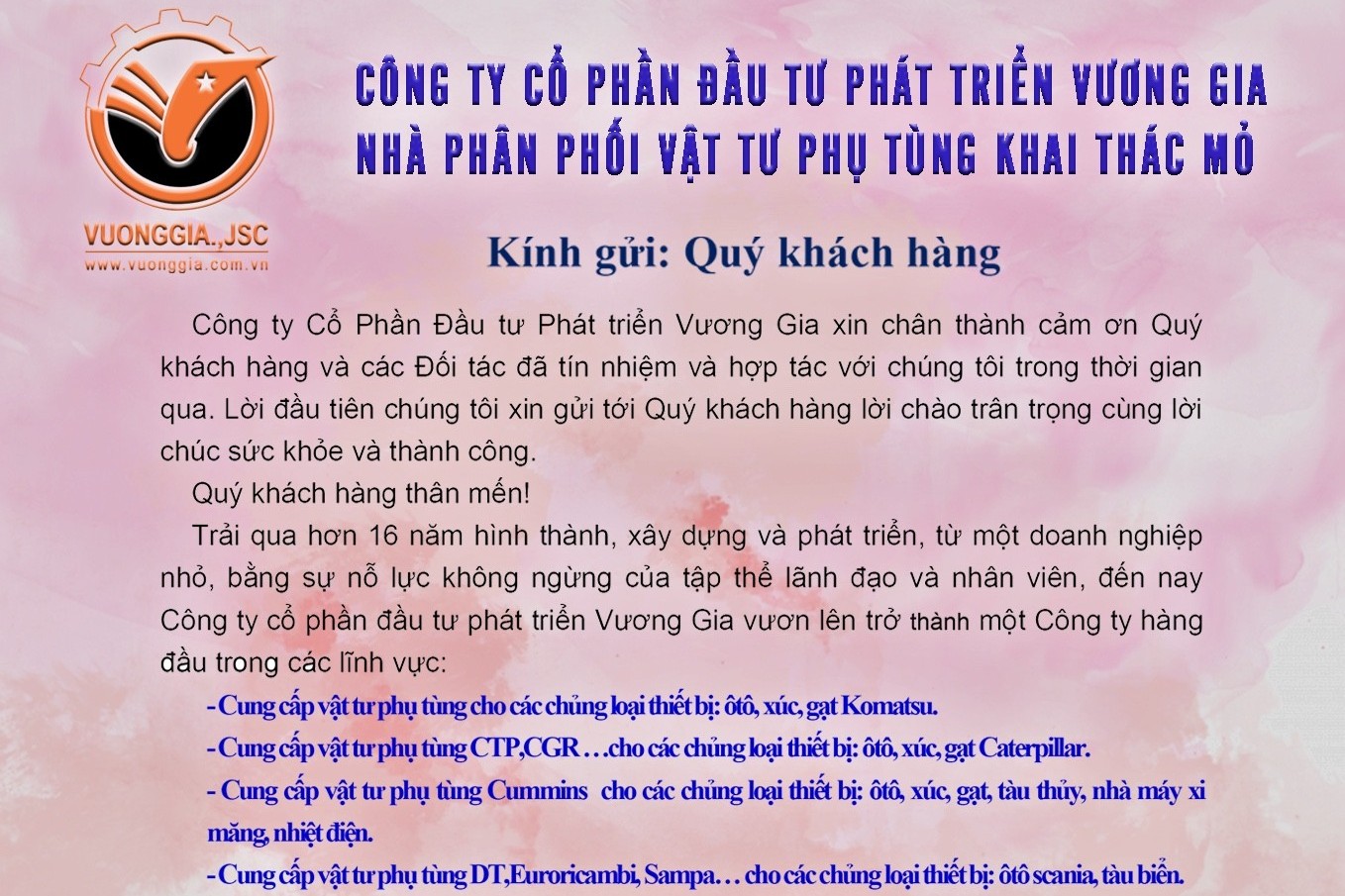 Công ty Cổ phần Đầu tư Phát triển Vương Gia - Nhà Phân phối vật tư phụ tùng khai thác mỏ