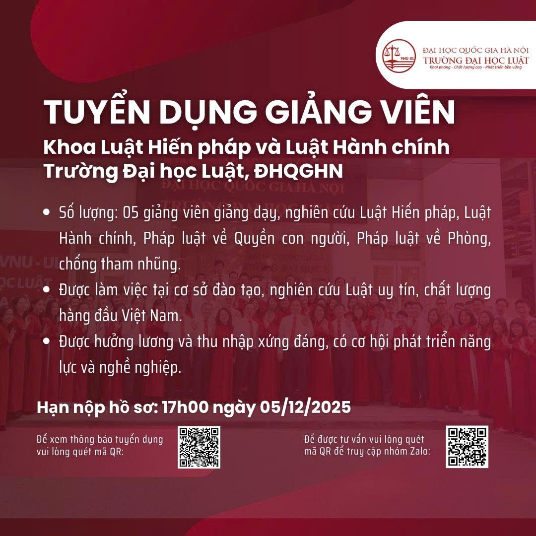 Tuyển dụng giảng viên Khoa Luật Hiến pháp và Luật Hành chính - Trường Đại Luật, ĐHQGHN Tuyển dụng giảng viên Khoa Luật Hiến pháp và Luật Hành chính - Trường Đại Luật, ĐHQGHN