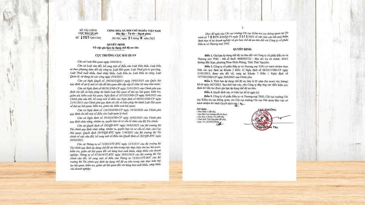 Công ty Cổ phần Đầu tư và Thương mại TNG được gia hạn ưu tiên hải quan