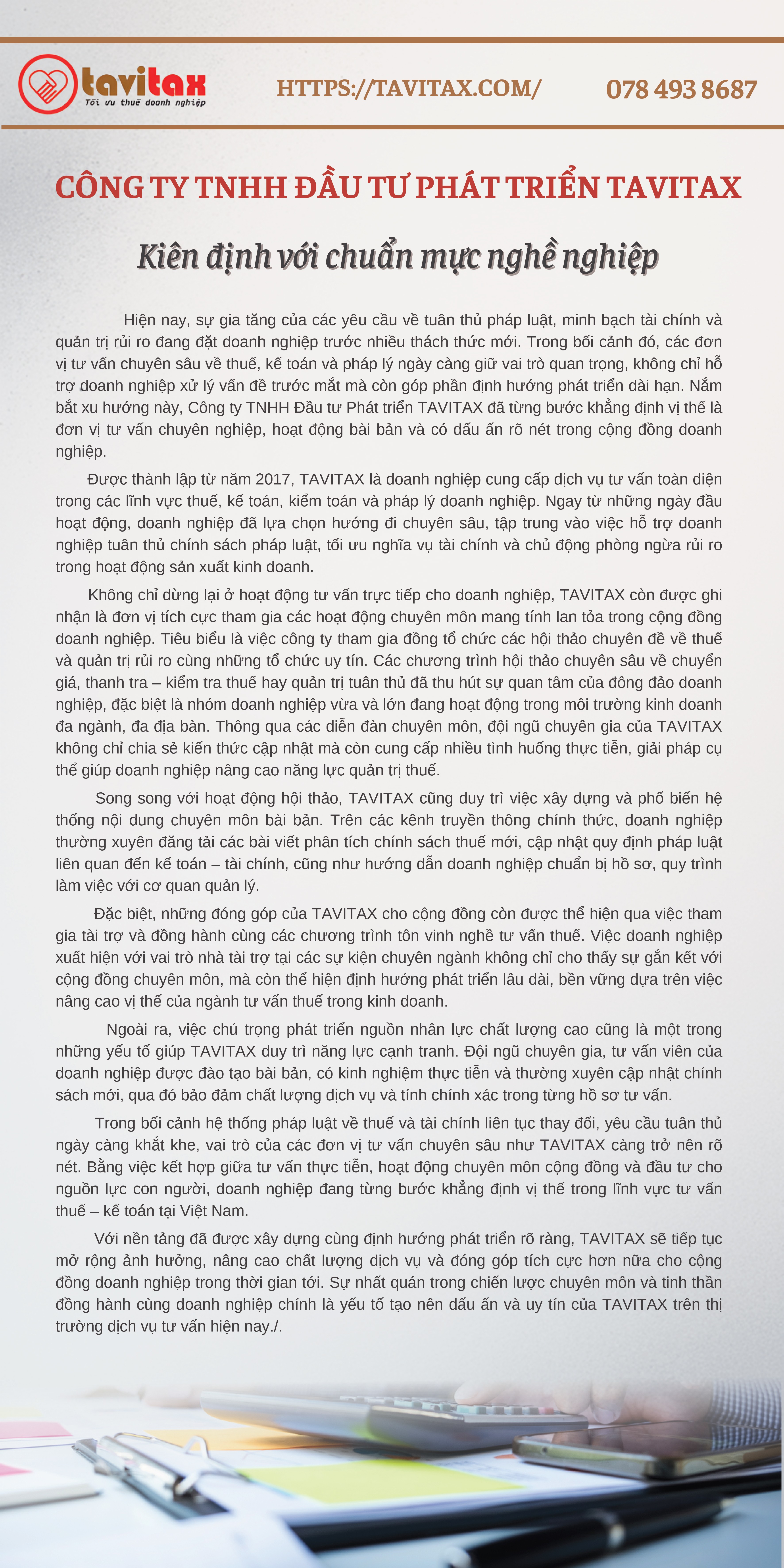 Công ty TNHH Đầu tư phát triển TAVITAX - Kiên định với chuẩn mực nghề nghiệp