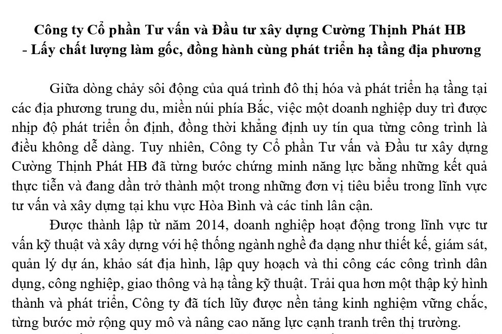Công ty Cổ phần Tư vấn và Đầu tư xây dựng Cường Thịnh Phát HB - Lấy chất lượng làm gốc, đồng hành cùng phát triển hạ tầng địa phương