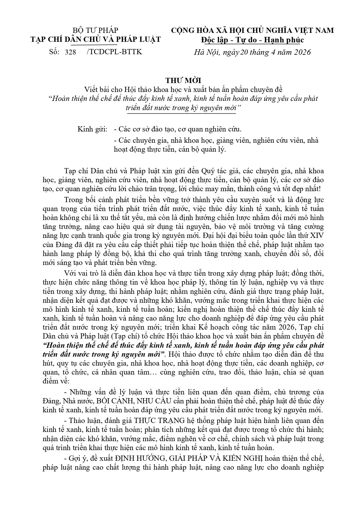 Thư mời viết bài cho Hội thảo khoa học và xuất bản ấn phẩm chuyên đề 