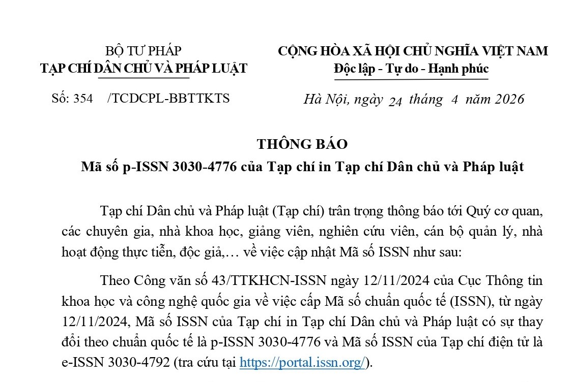 Thông báo Mã số p-ISSN 3030-4776 của Tạp chí Dân chủ và Pháp luật