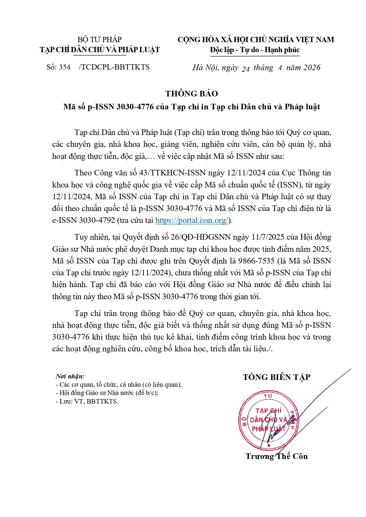Thông báo Mã số p-ISSN 3030-4776 của Tạp chí Dân chủ và Pháp luật