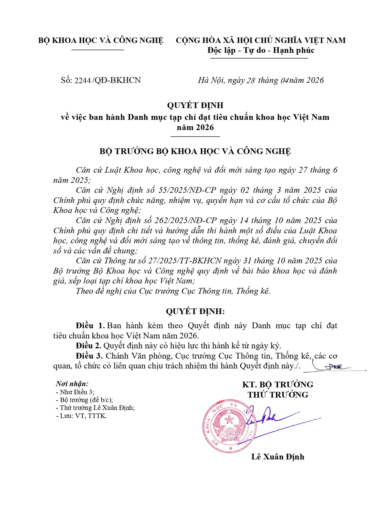 Quyết định ban hành Danh mục tạp chí đạt tiêu chuẩn khoa học Việt Nam năm 2026