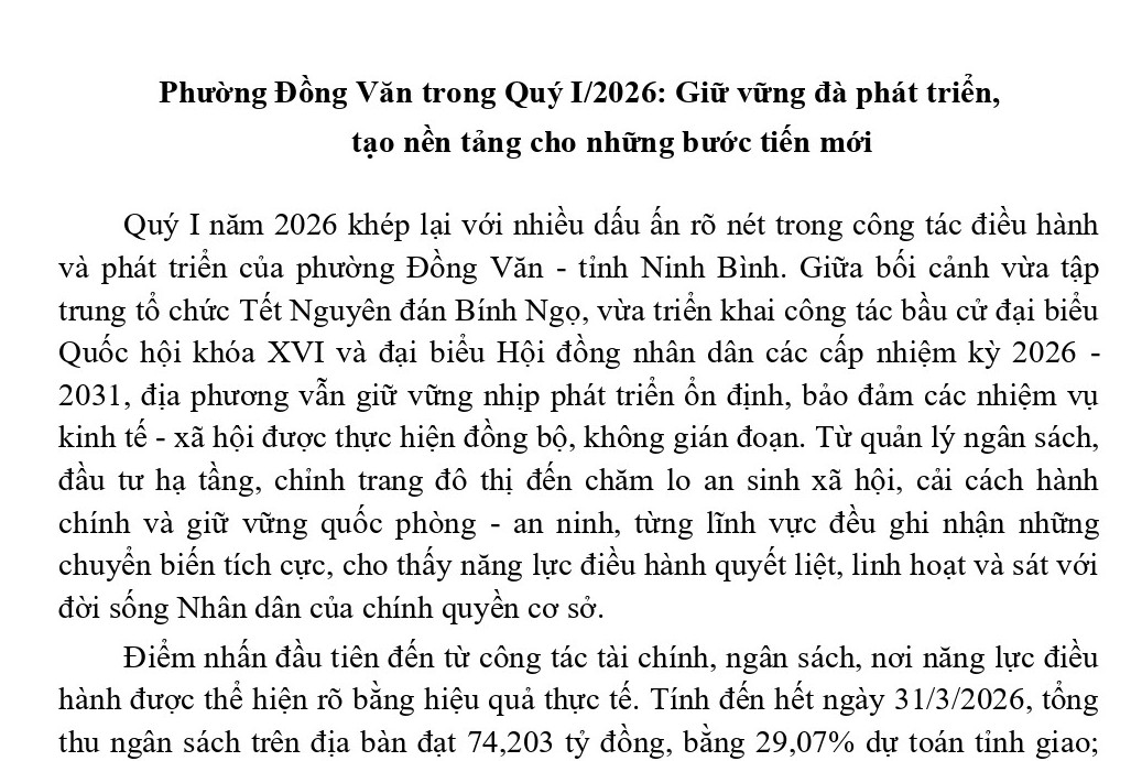 Phường Đồng Văn trong Quý I/2026: Giữ vững đà phát triển, tạo nền tảng cho những bước tiến mới
