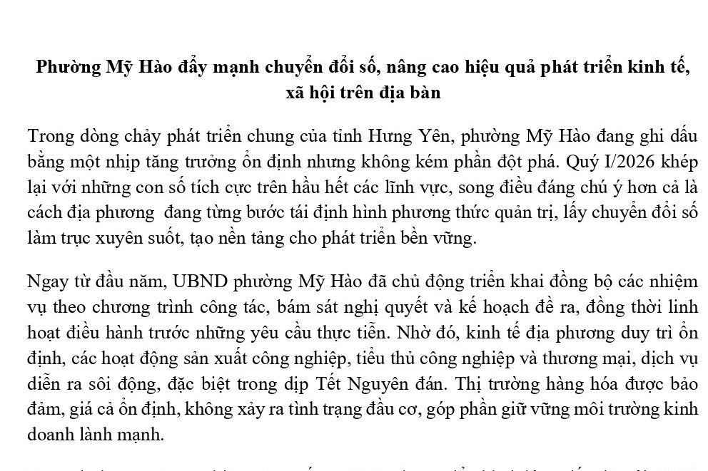 Phường Mỹ Hào đẩy mạnh chuyển đổi số, nâng cao hiệu quả phát triển kinh tế, xã hội trên địa bàn