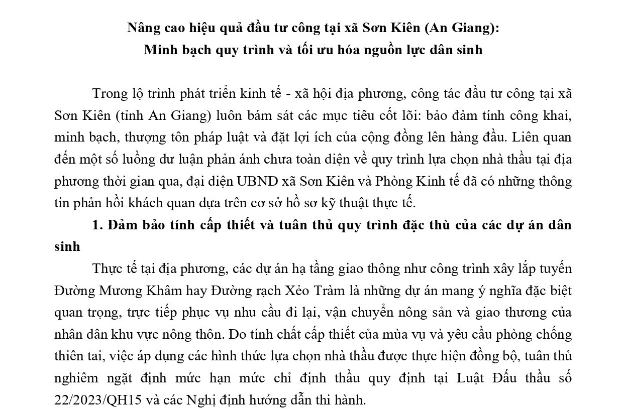 Nâng cao hiệu quả đầu tư công tại xã Sơn Kiên (An Giang): Minh bạch quy trình và tối ưu hóa nguồn lực dân sinh