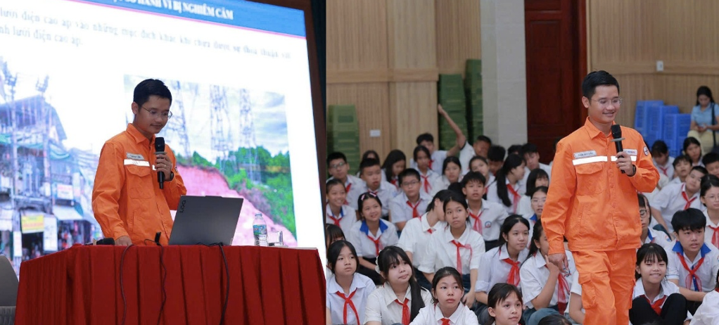 Đồng chí Phạm Anh Tuấn – Bí thư Đoàn Thanh niên Công ty, Phó Trưởng Điện lực Hạc Thành tham gia trao đổi, lan tỏa kiến thức về an toàn điện tới thiếu nhi tham gia Trại hè.