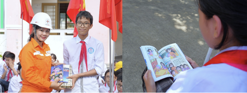 Các em học sinh hào hứng tìm hiểu nội dung sách tranh “Bí mật quả cầu tím” – một hình thức tuyên truyền trực quan, hiệu quả về sử dụng điện an toàn.