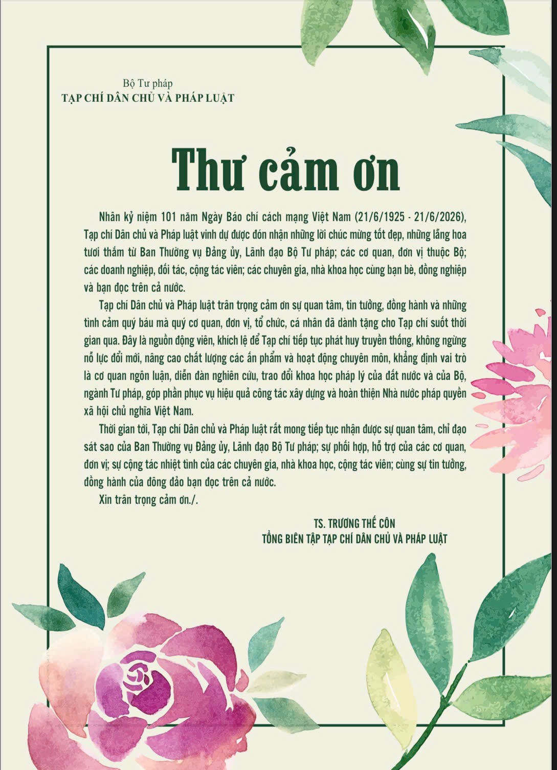 Thư cảm ơn của Tạp chí Dân chủ và Pháp luật