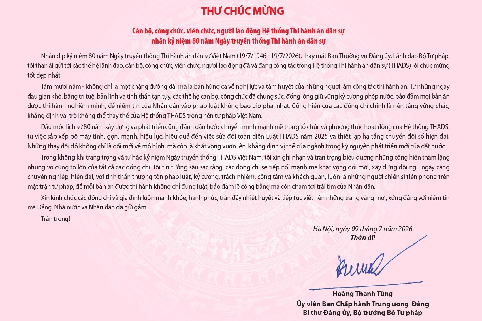 Thư chúc mừng của Bộ trưởng Bộ Tư pháp nhân kỷ niệm 80 năm Ngày truyền thống Thi hành án dân sự