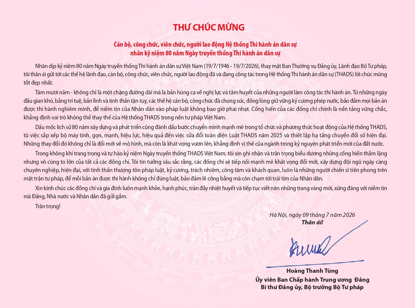 Thư chúc mừng của Bộ trưởng Bộ Tư pháp nhân kỷ niệm 80 năm Ngày truyền thống Thi hành án dân sự