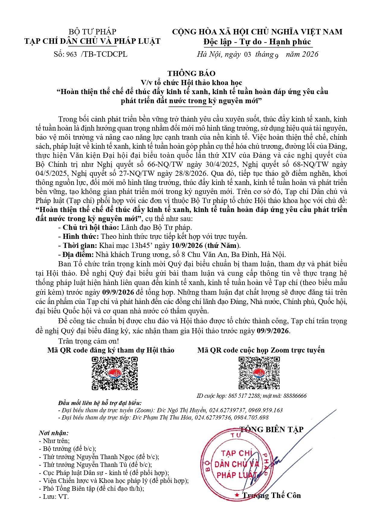 Thông báo về việc tổ chức Hội thảo khoa học “Hoàn thiện thể chế để thúc đẩy kinh tế xanh, kinh tế tuần hoàn đáp ứng yêu cầu phát triển đất nước trong kỷ nguyên mới” Thông báo về việc tổ chức Hội thảo khoa học “Hoàn thiện thể chế để thúc đẩy kinh tế xanh, kinh tế tuần hoàn đáp ứng yêu cầu phát triển đất nước trong kỷ nguyên mới”