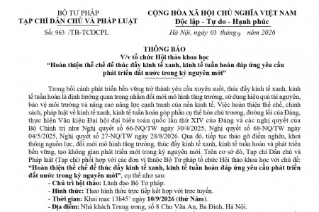 Thông báo về việc tổ chức Hội thảo khoa học “Hoàn thiện thể chế để thúc đẩy kinh tế xanh, kinh tế tuần hoàn đáp ứng yêu cầu phát triển đất nước trong kỷ nguyên mới”