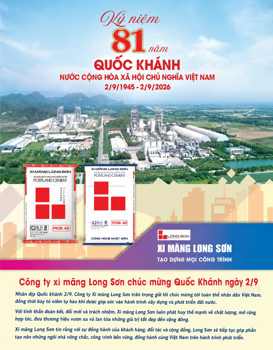 Công ty Xi măng Long Sơn chúc mừng Quốc Khánh ngày 2/9