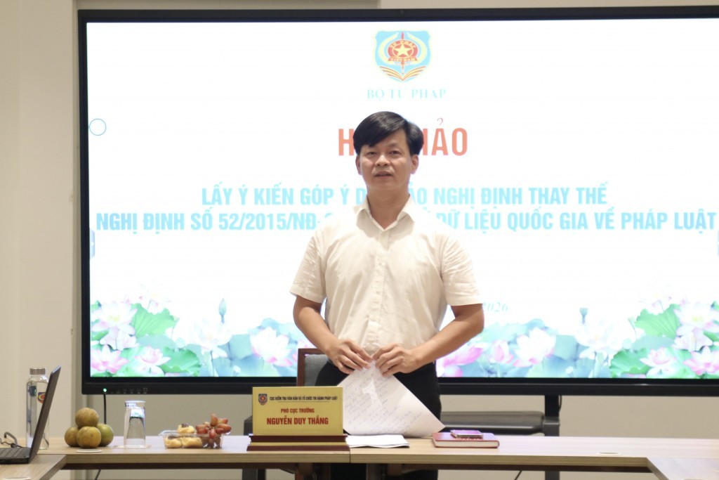 ông Nguyễn Duy Thắng, Phó Cục trưởng Cục Kiểm tra văn bản và Tổ chức thi hành pháp luật, Bộ Tư pháp phát biểu khai mạc Hội thảo