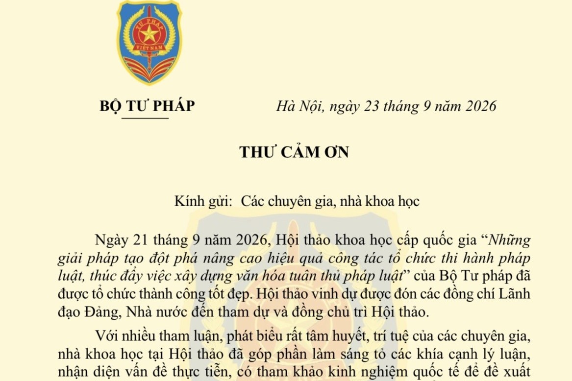 Thư cảm ơn của Bộ trưởng Bộ Tư pháp