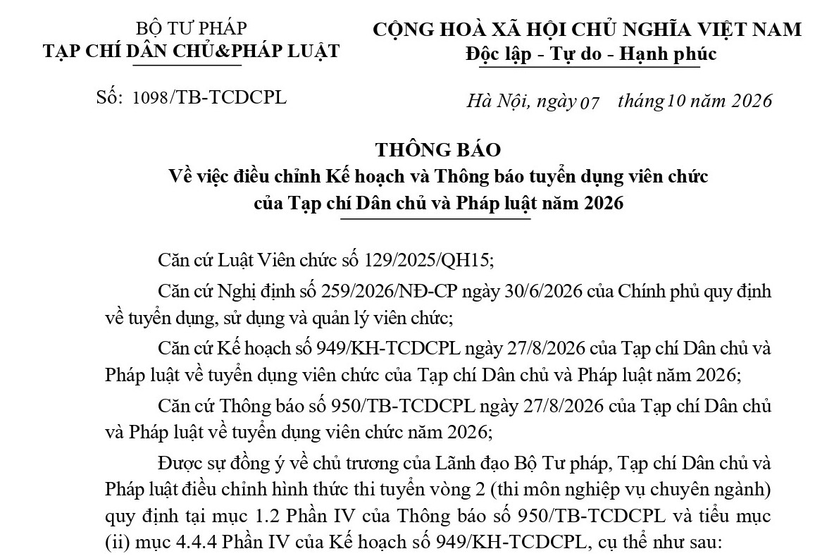 Thông báo điều chỉnh Kế hoạch và Thông báo tuyển dụng viên chức của Tạp chí Dân chủ và Pháp luật năm 2026