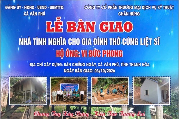 Công ty Chấn Hưng bàn giao nhà tình nghĩa cho gia đình thờ cúng liệt sĩ tại xã Văn Phú, Thanh Hóa