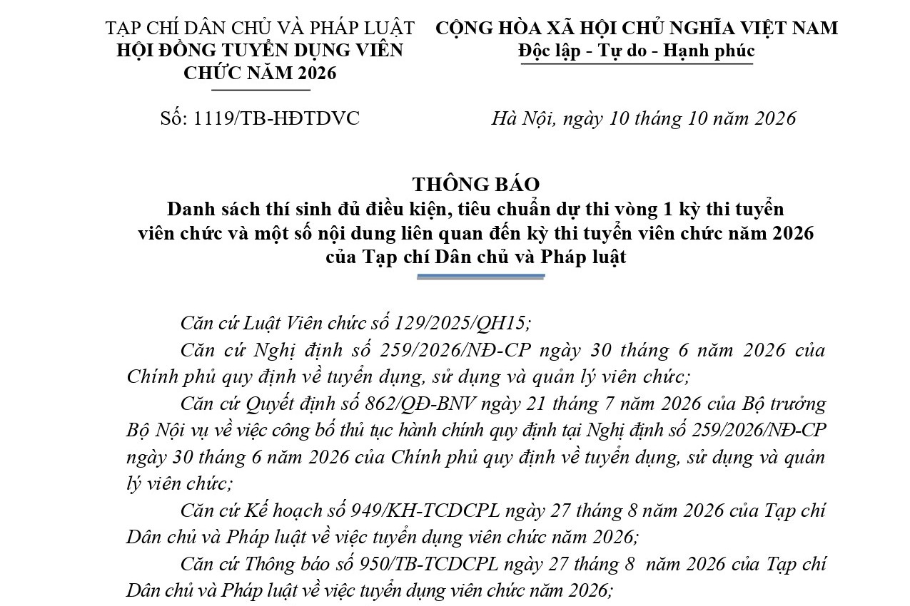 Danh sách thí sinh đủ điều kiện, tiêu chuẩn dự thi vòng 1 kỳ thi tuyển viên chức năm 2026 của Tạp chí Dân chủ và Pháp luật