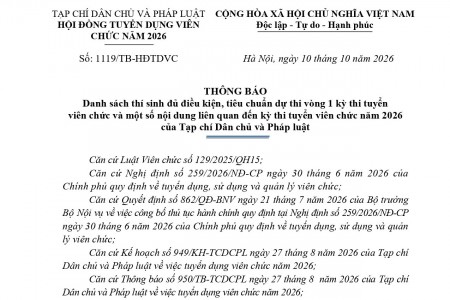 Danh sách thí sinh đủ điều kiện, tiêu chuẩn dự thi vòng 1 kỳ thi tuyển viên chức năm 2026 của Tạp chí Dân chủ và Pháp luật
