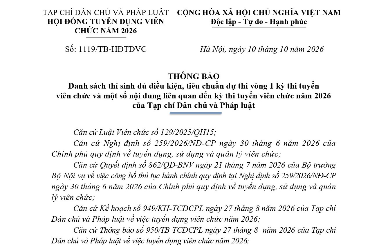 Danh sách thí sinh đủ điều kiện, tiêu chuẩn dự thi vòng 1 kỳ thi tuyển viên chức năm 2026 của Tạp chí Dân chủ và Pháp luật