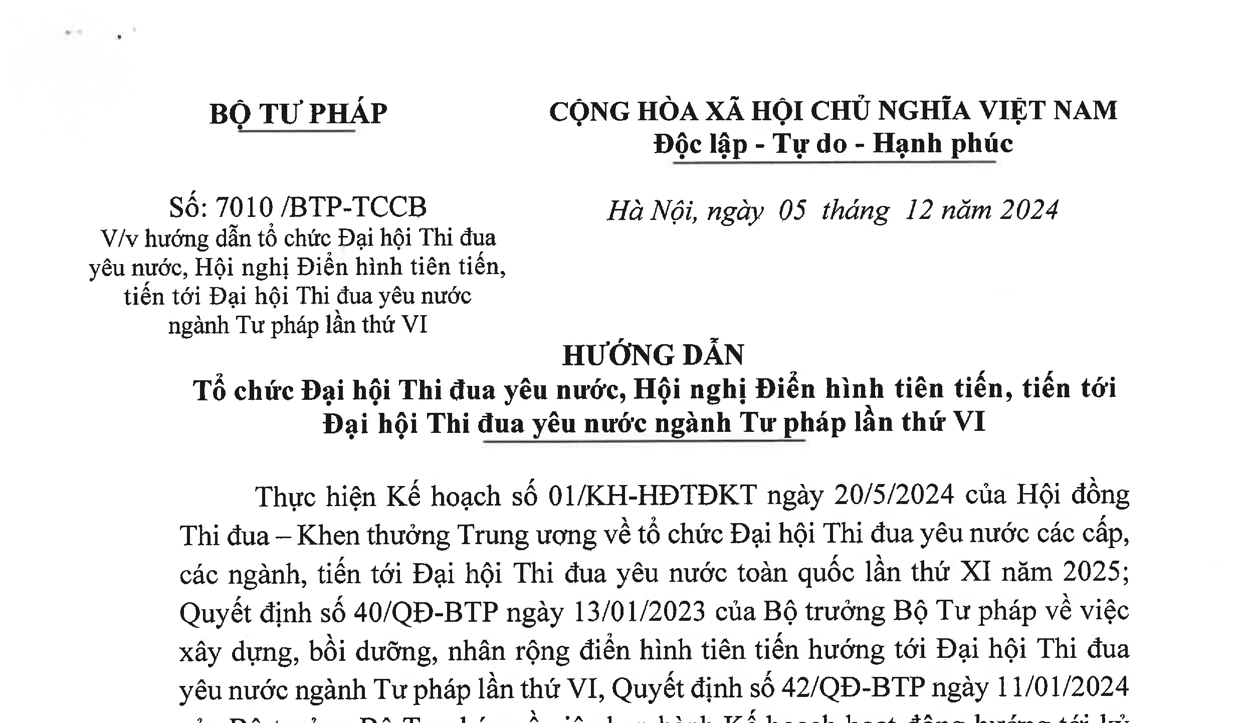 Hướng dẫn Tổ chức Đại hội thi đua yêu nước, Hội nghị Điển hình tiên tiến, tiến tới Đại hội Thi đua yêu nước ngành Tư pháp lần thứ VI